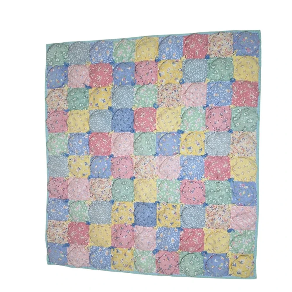 Vintage Handmade Pastel Floral Puff Biscuit Baby Quilt Patchwork Cottagecore